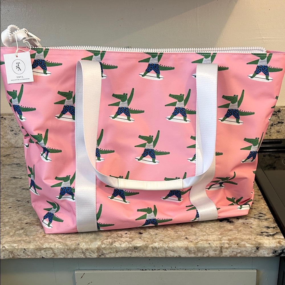 Pink Alligator-Print Tote with White Straps